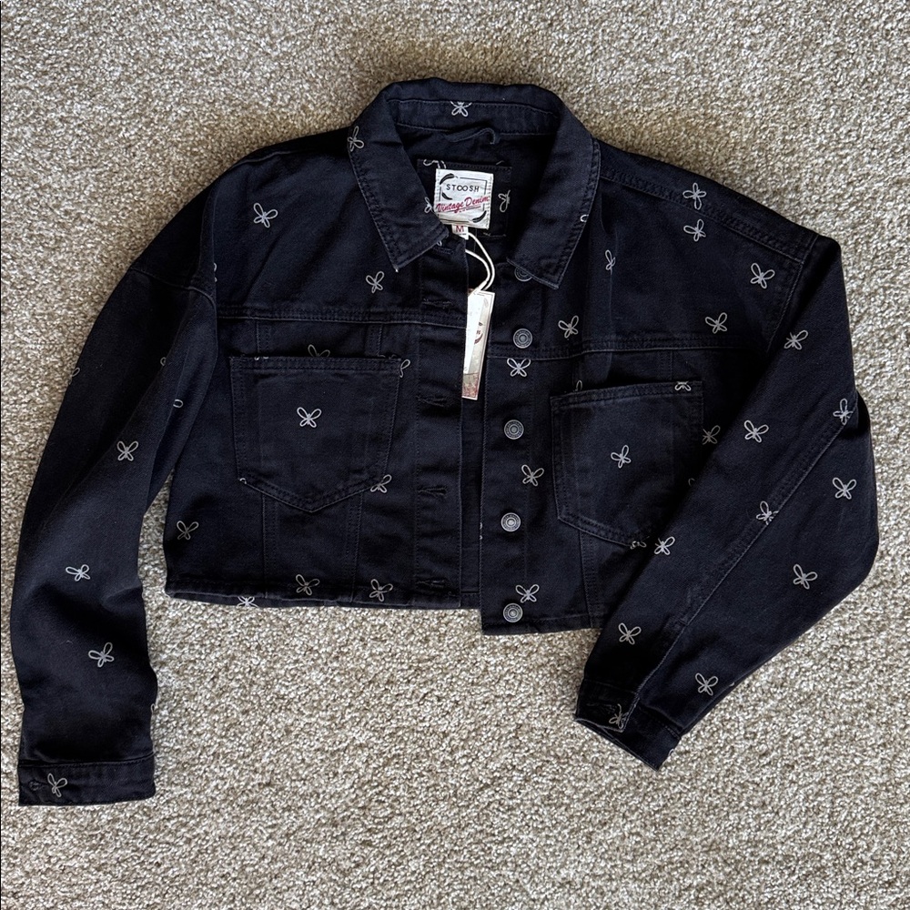 Stoosh Black Denim Jacket with Butterfly Embroidery